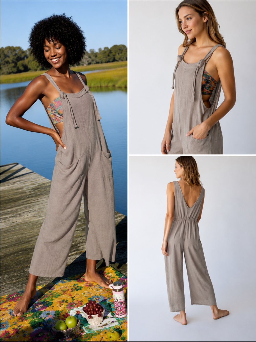 NATURAL LIFE Carly Taupe Tie-Shoulder Wide-Leg Jumpsuit